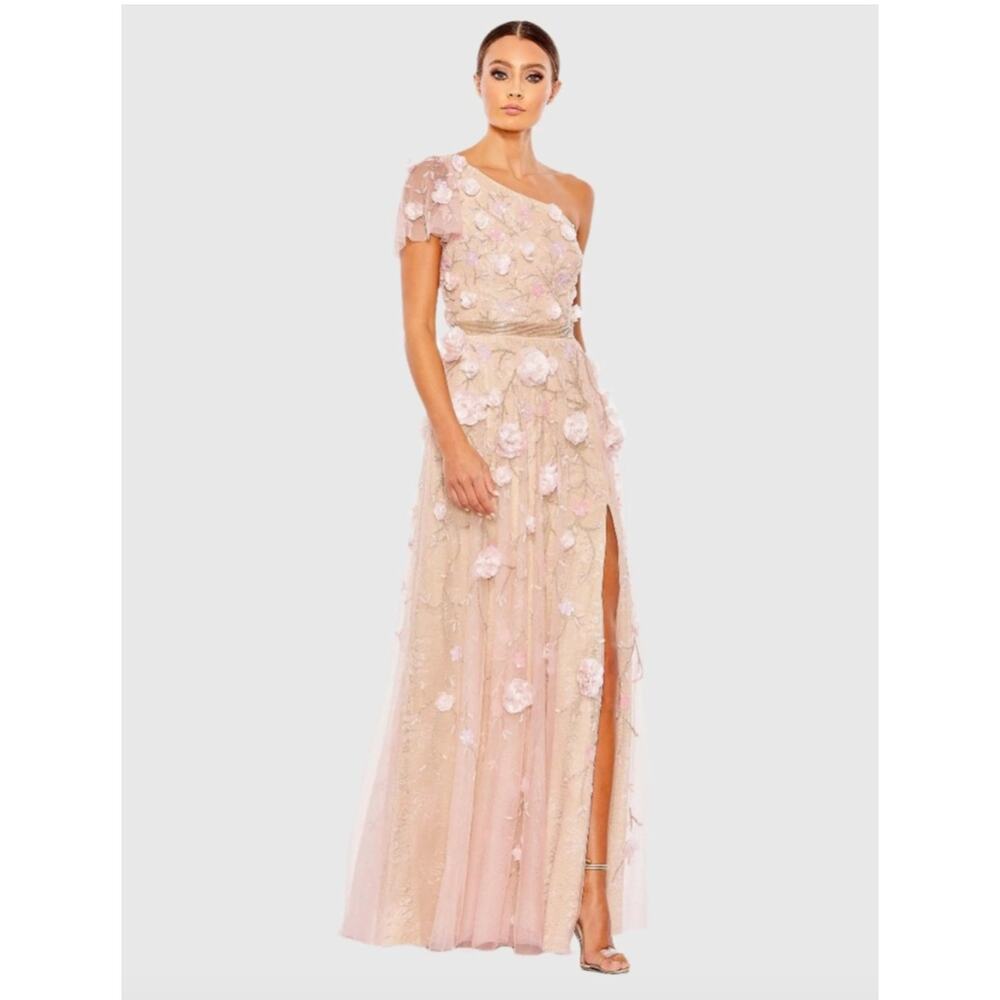 Mac Duggal 9165 Asymmetric Floral Embroidered Gown Dress Blush Nude Size 12 New